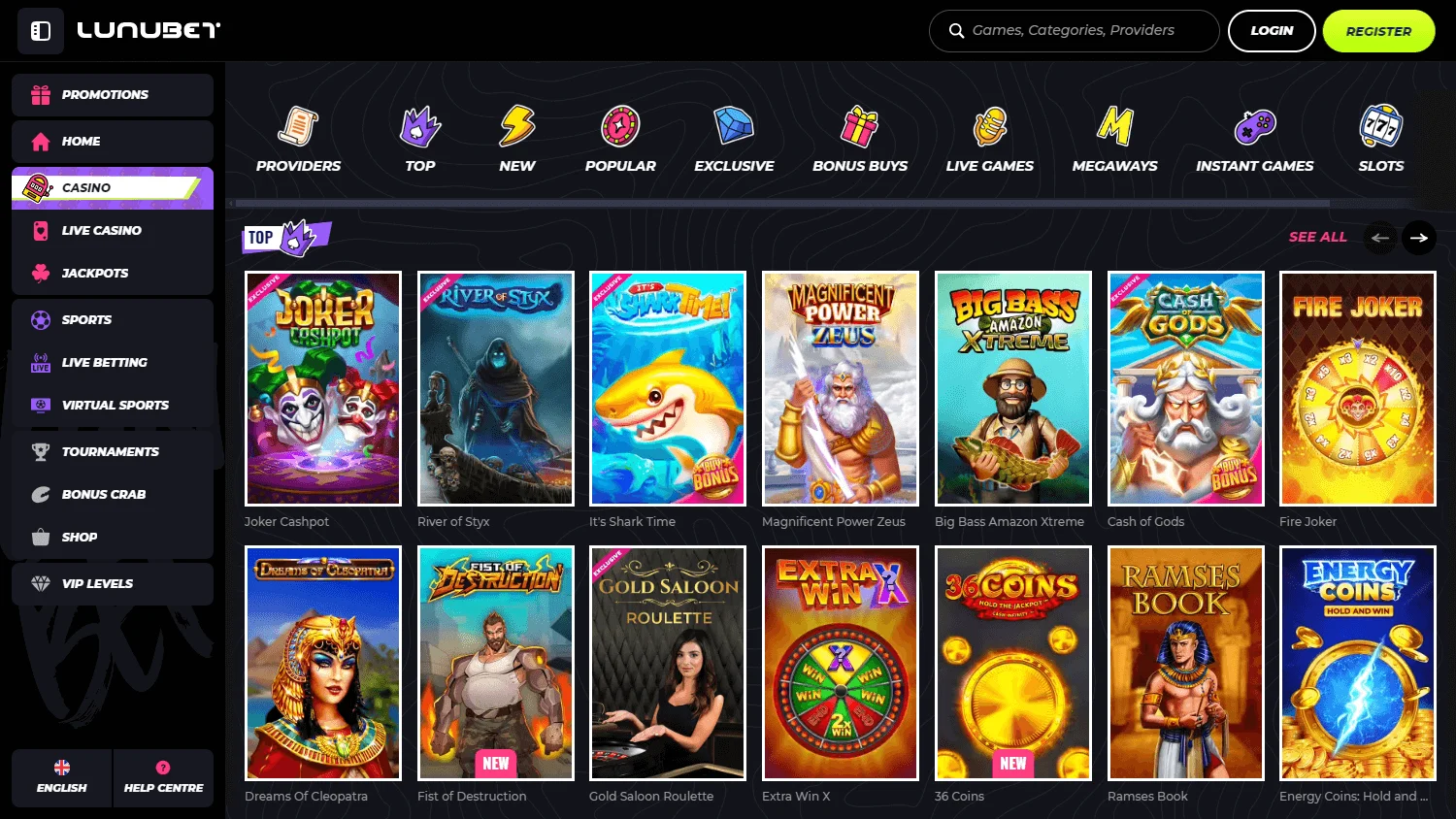 Lunubet Casino game library on desktop