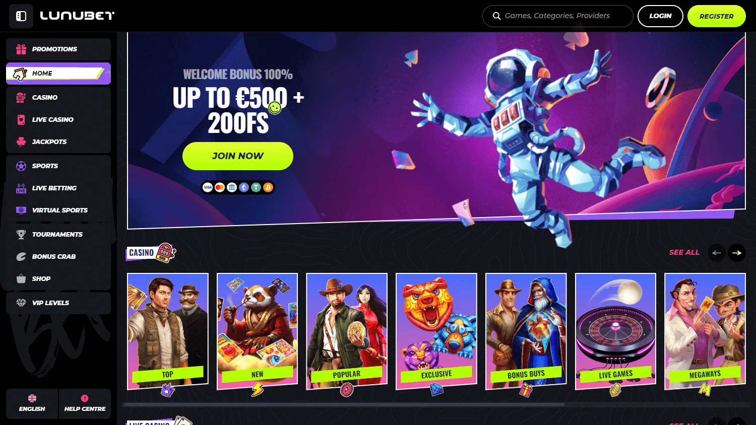 Lunubet Casino home interface on desktop