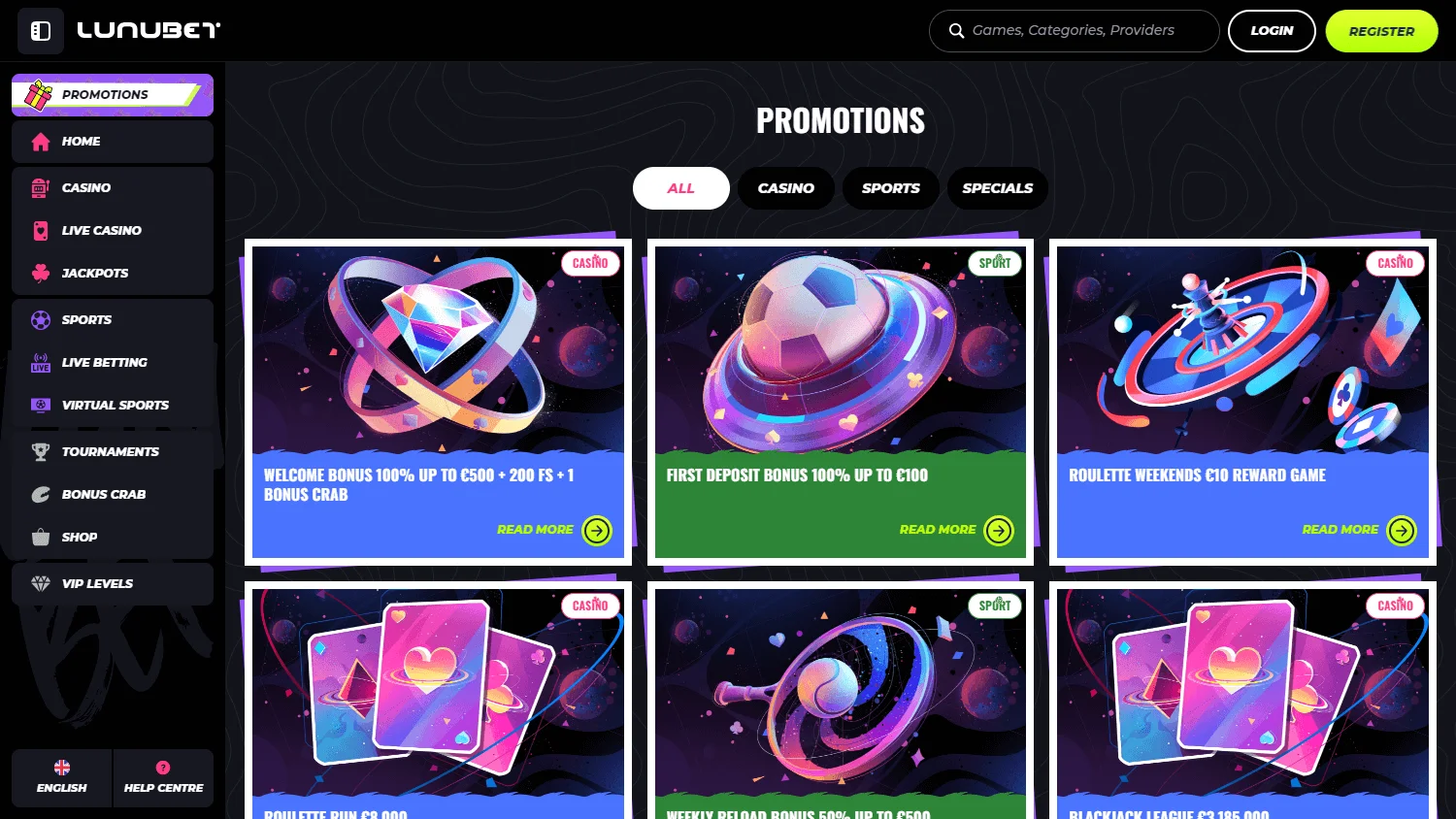 Lunubet Casino promotions interface on desktop